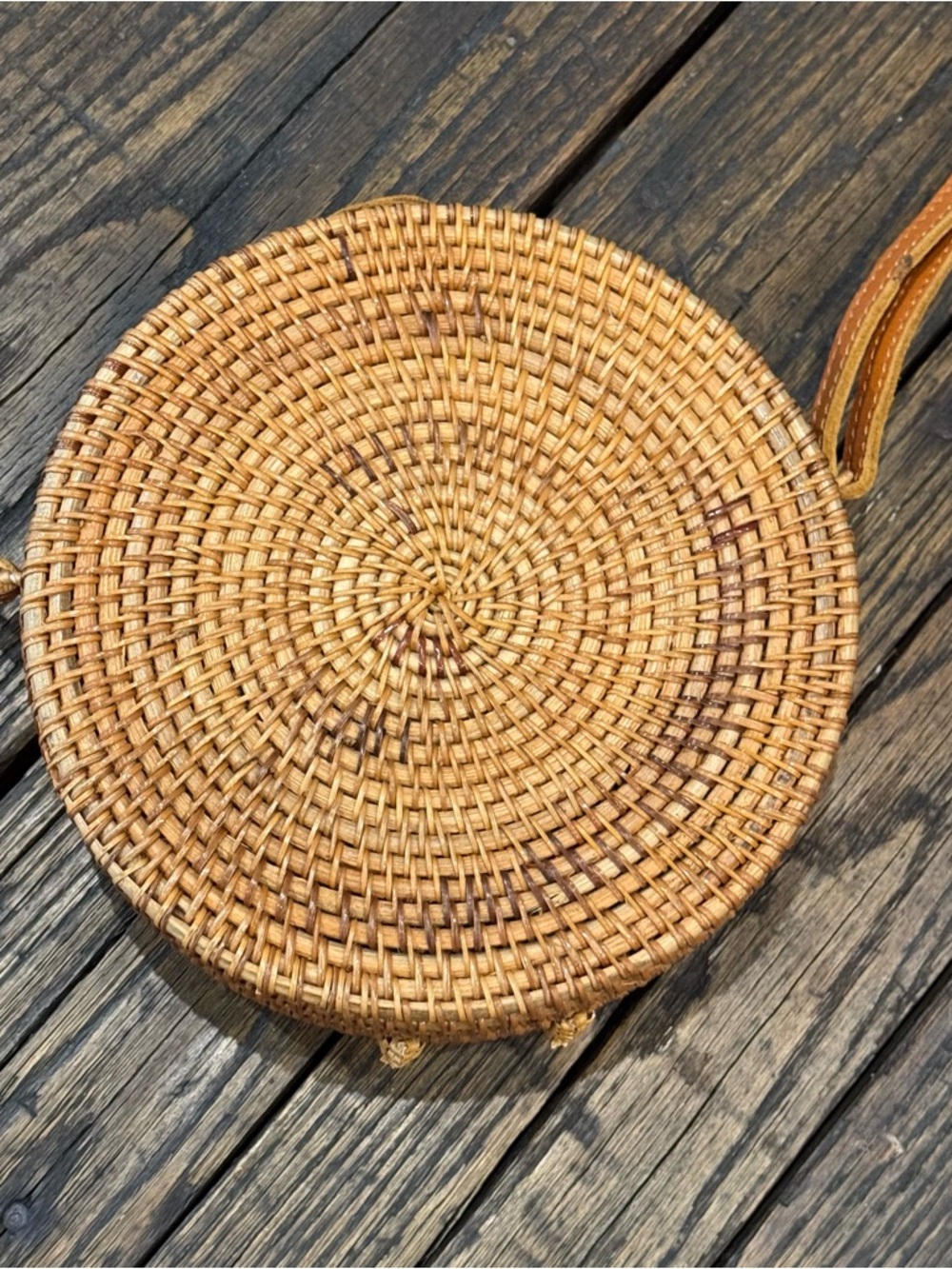 Woven Basket Round Crossbody Bag Purse in Tan / Brown with Tropical Lining - Picture 2 of 7